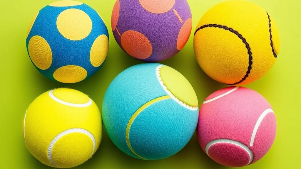 dog balls -
Photorealistic flat lay arrangement of six different colorful dog balls includi