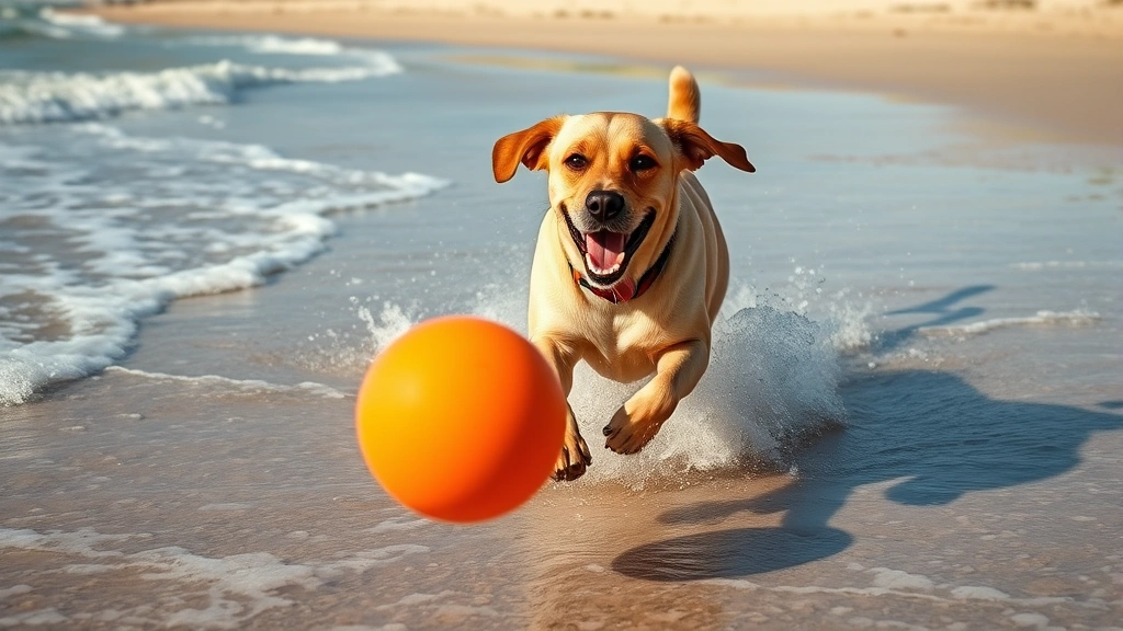 dog balls -
Photorealistic action shot of a happy labrador running through shallow beach wa