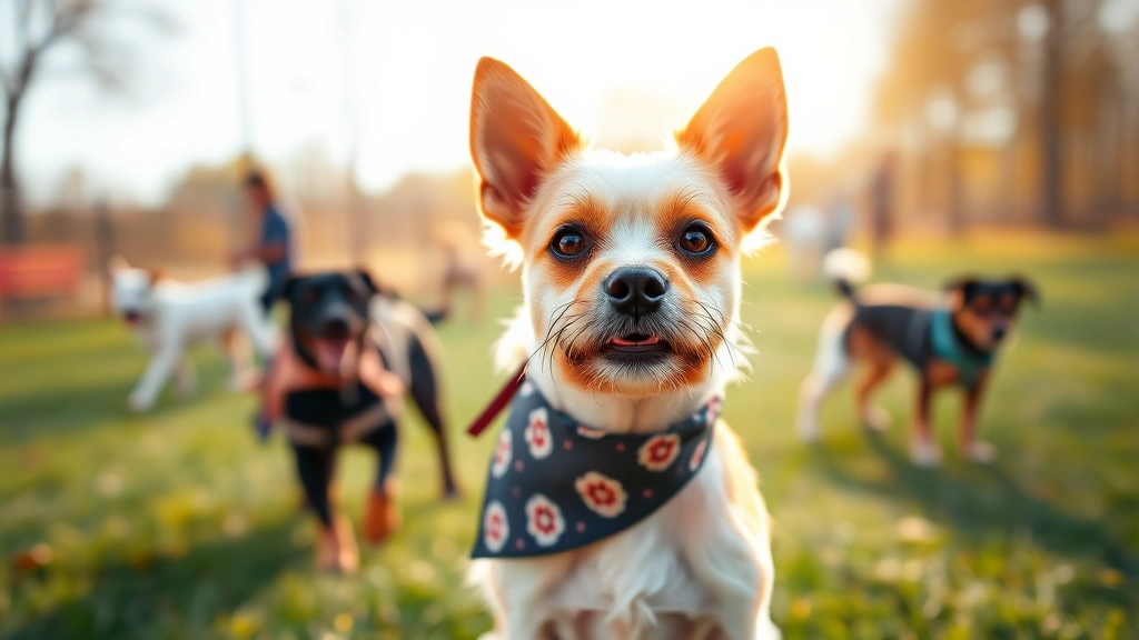 dog bandanas -
Small terrier dog model wearing a tie-on bandana at a dog park with other dogs 