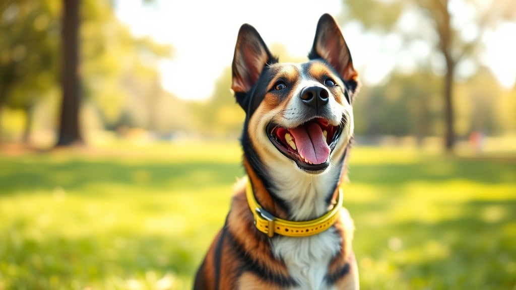 dog bark collar -
Photorealistic happy medium-sized mixed breed dog outdoors in a park, wearing a