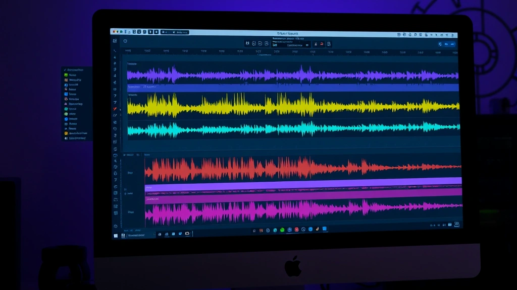 dog barking sound effect -
Computer screen showing audio editing software with multiple layered waveforms 