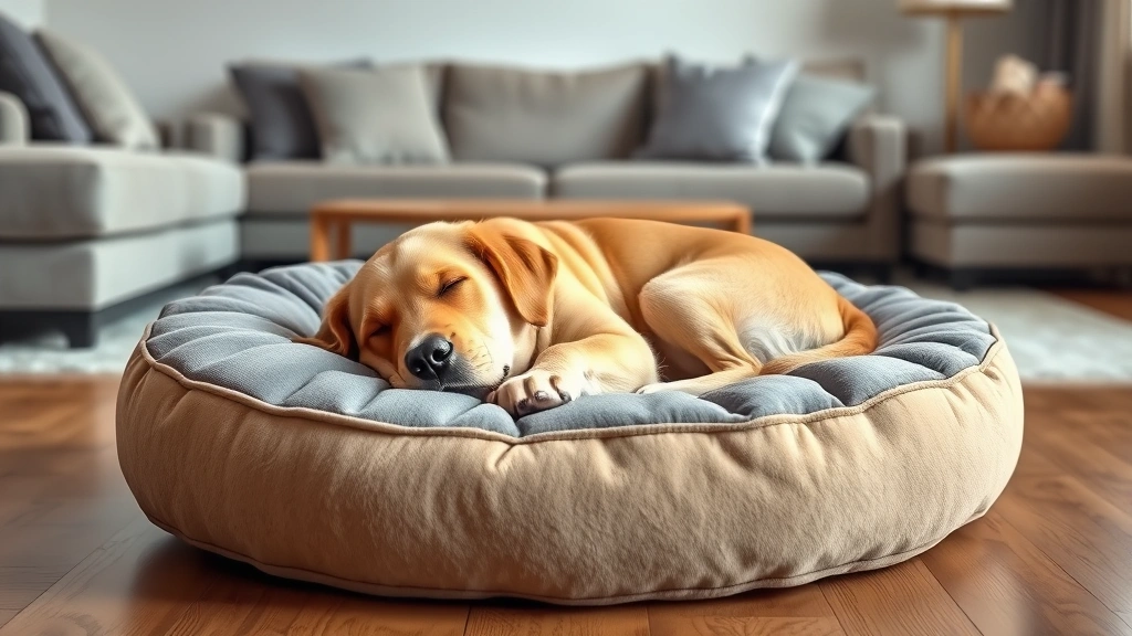 dog bed with cover -
Photorealistic image of a golden retriever sleeping peacefully on a plush donut