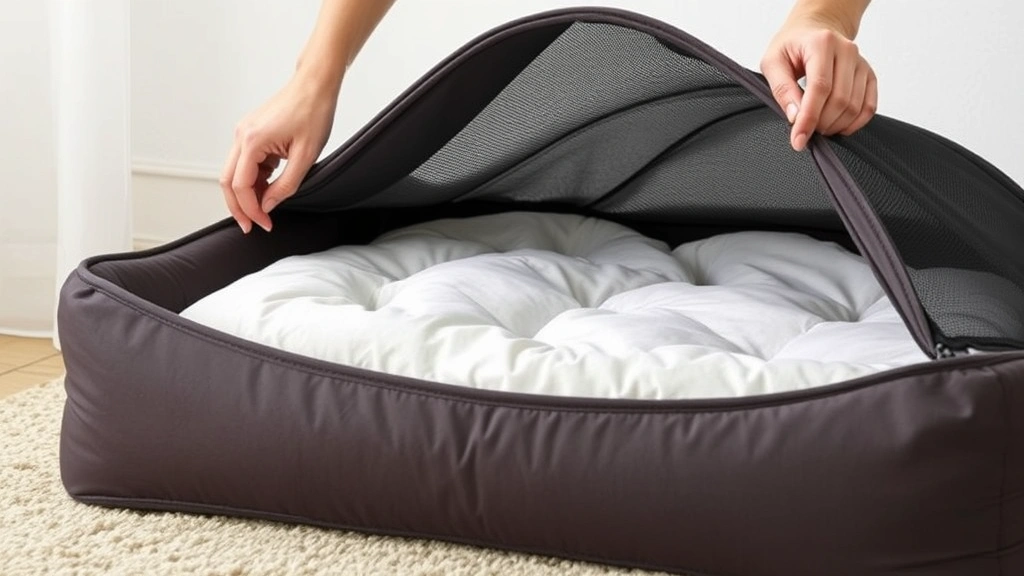 dog bed with cover -
Photorealistic close-up of a mesh dog bed cover being unzipped and removed, sho