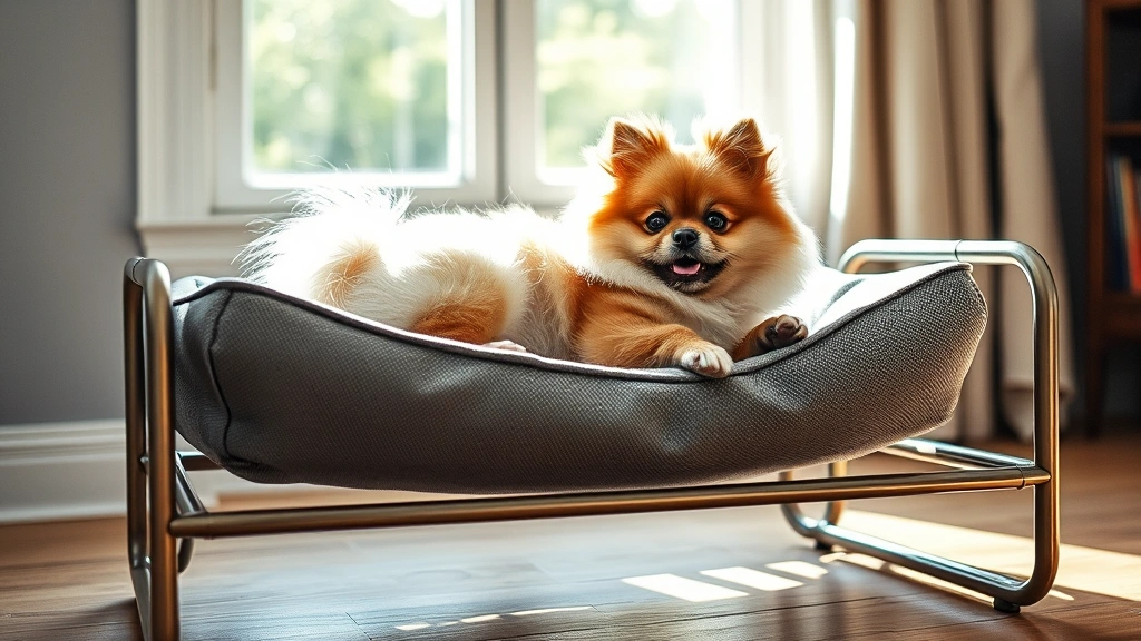 dog beds for small dogs -
Photorealistic image of a tiny Pomeranian stretching out on an elevated metal-f
