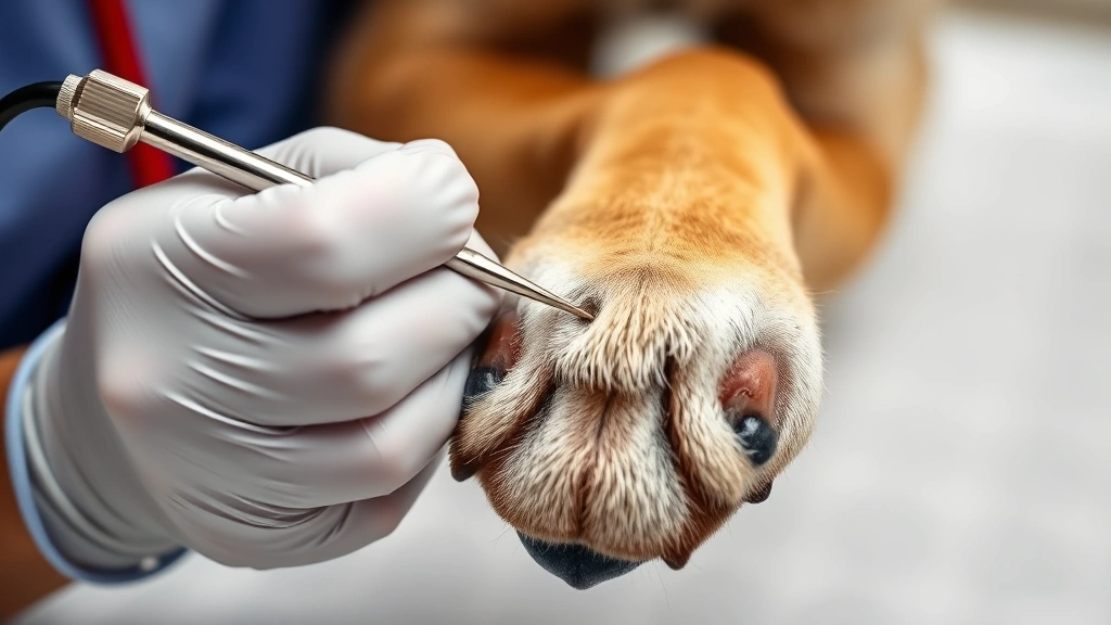 dog bee bite -
A veterinarian examining a dog’s paw pad with tweezers to remove a bee st