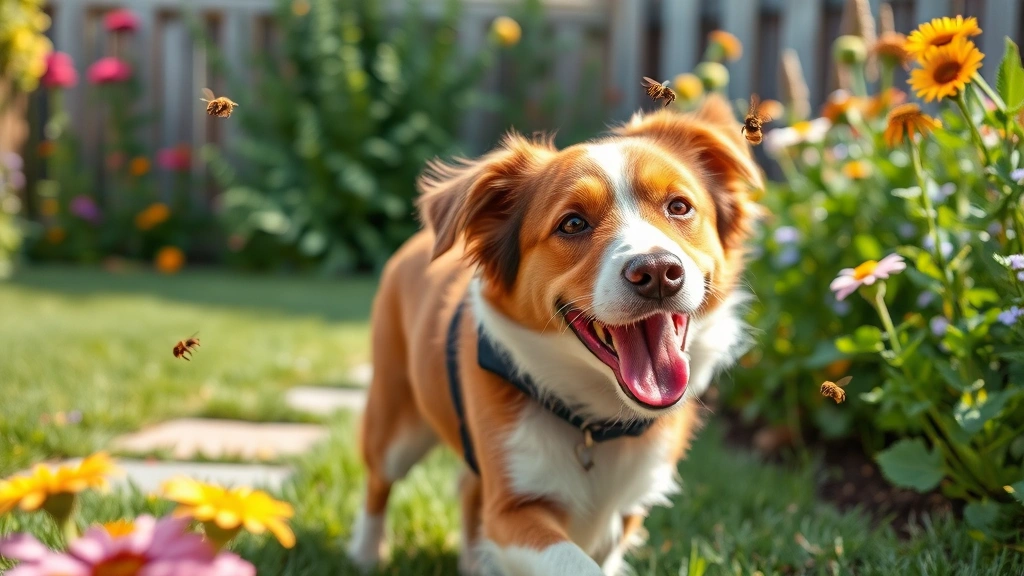 dog bee bite -
A happy dog playing in a backyard garden with flowers and bees flying nearby
