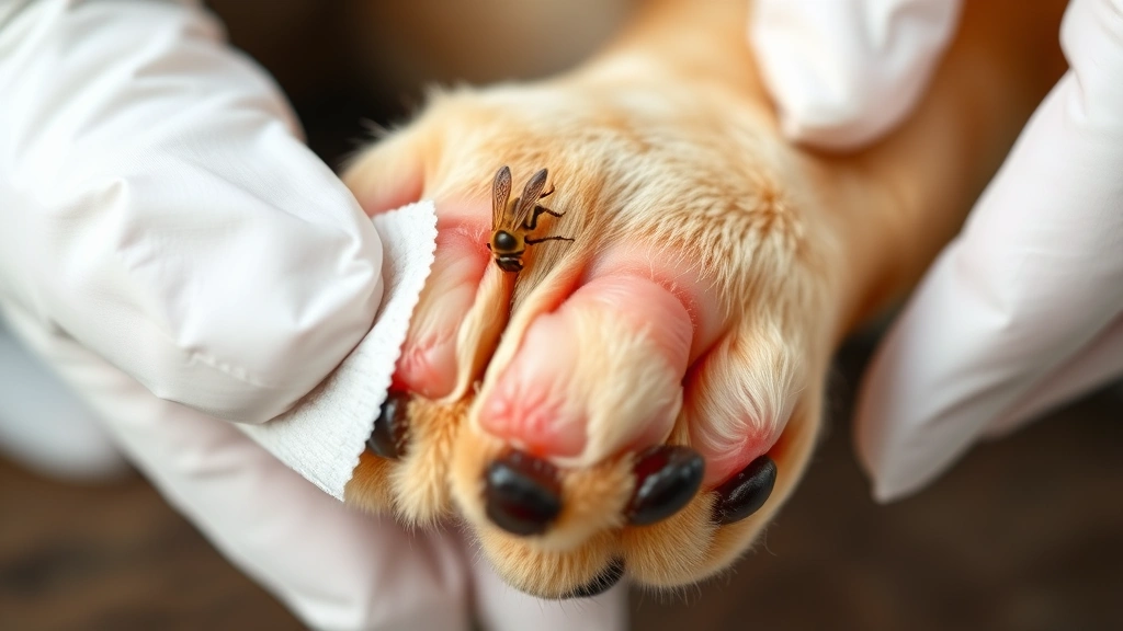 dog bee sting -
Close-up of dog’s paw with visible bee sting and slight swelling, ice pac