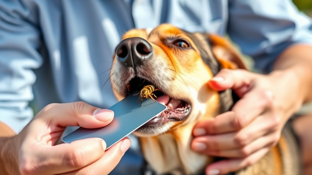 dog bee sting -
Dog owner carefully removing bee stinger from dog’s mouth area using cred