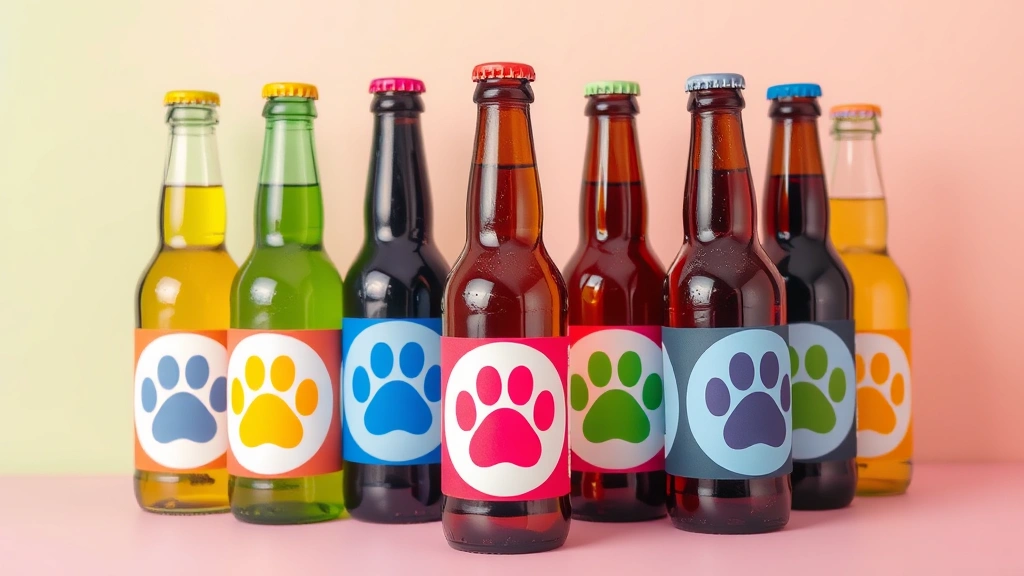 dog beer -
surrounded by colorful dog beer bottles with paw print labels on them
