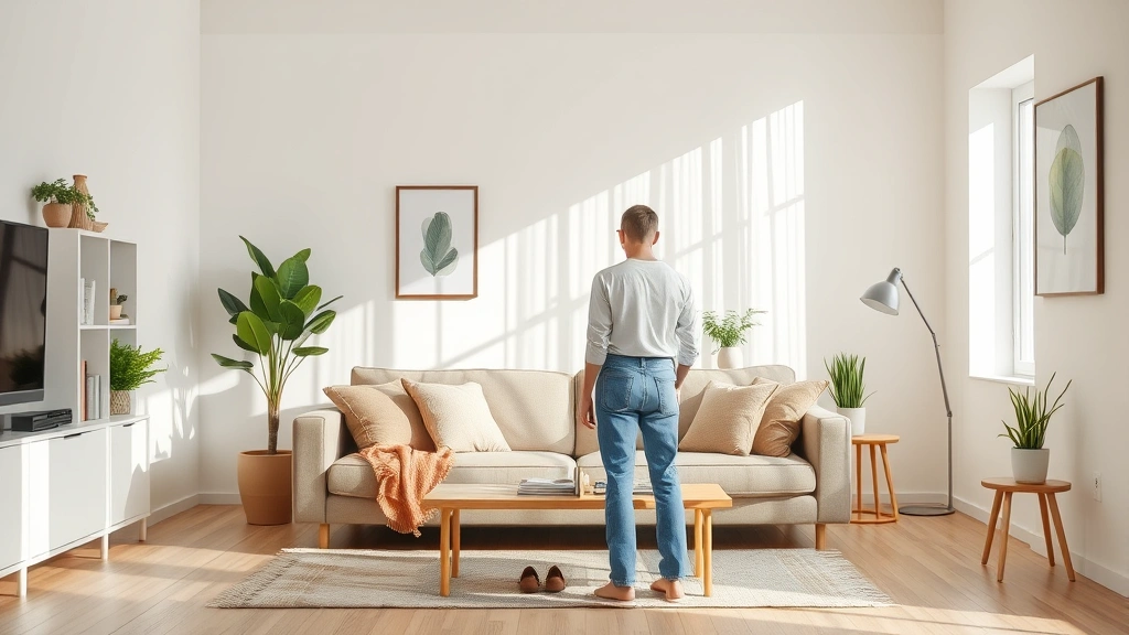 dog belly band -
standing in a bright living room next to a couch
