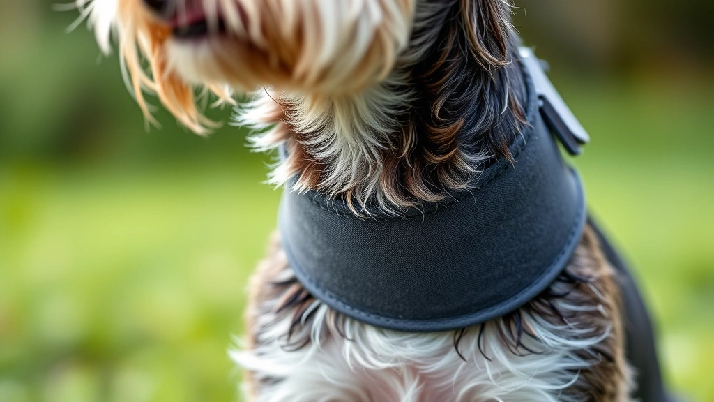 dog belly band -
Photorealistic close-up of a small terrier mix wearing a premium neoprene belly