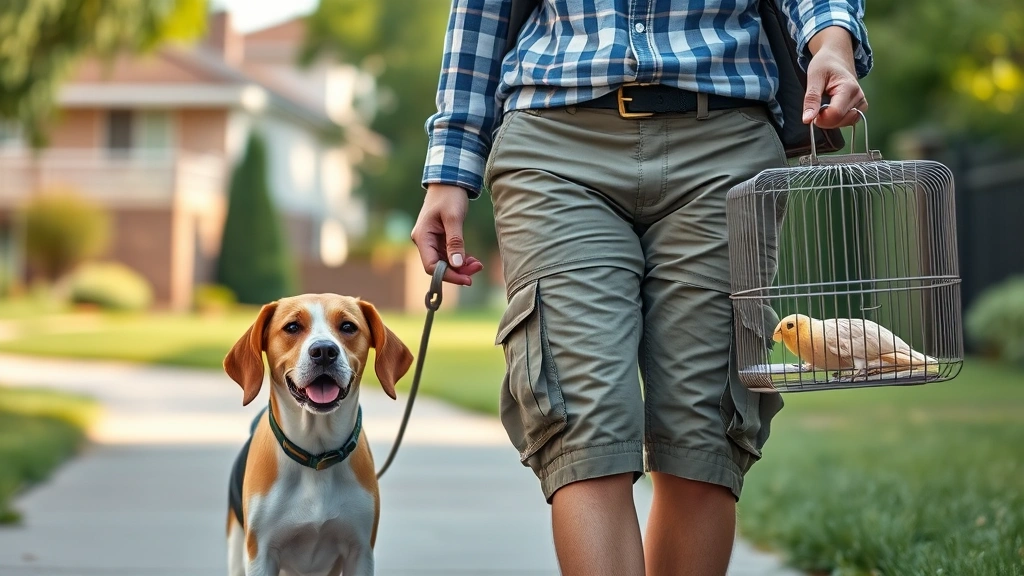 dog bird shorts -
Photorealistic lifestyle photo of a pet owner wearing stylish cargo-style dog b