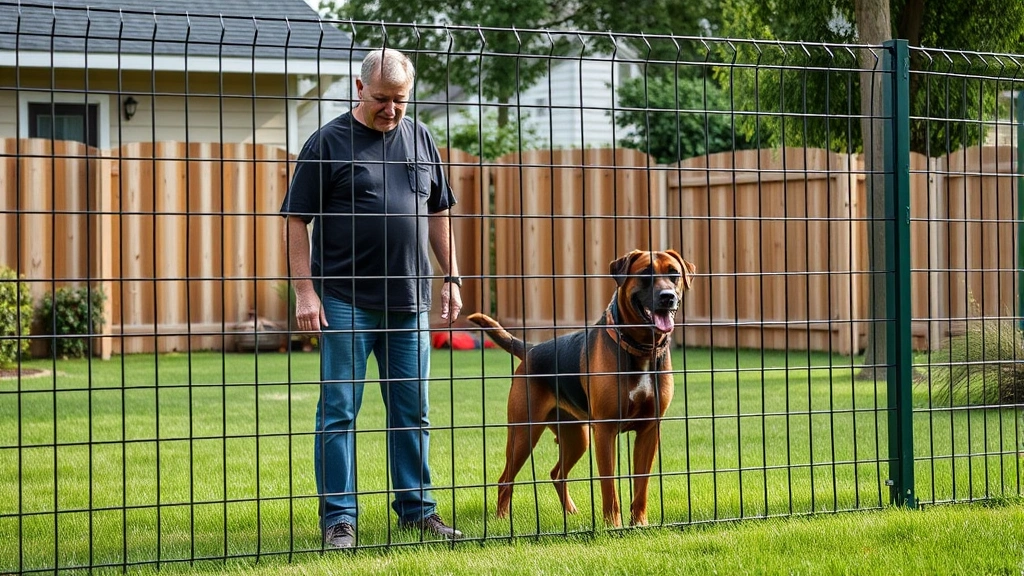dog bite lawyers -
Photorealistic image of a dog owner with a large protective dog behind secure m
