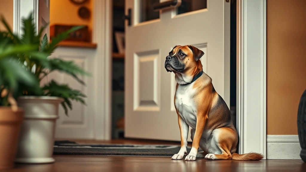 dog bj -
A well-behaved dog sitting calmly while greeting a visitor at the door, photore