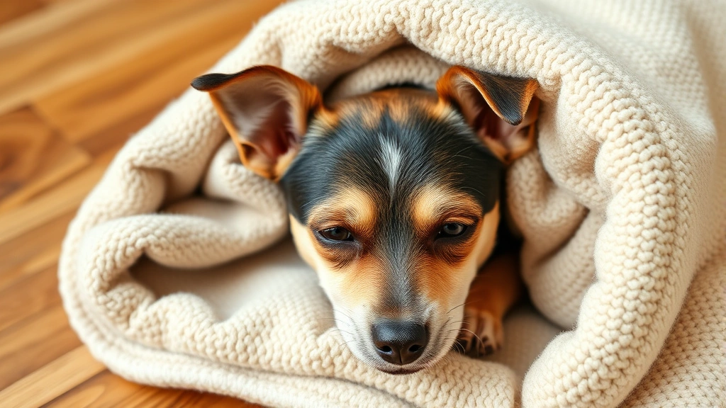 dog blankets -
A small terrier mix wrapped in a soft cream-colored weighted blanket on a hardw