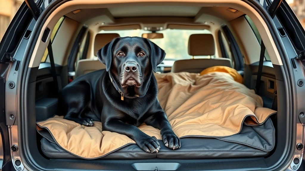 dog blankets -
A large black Labrador resting on a waterproof tan blanket in the back of an SU