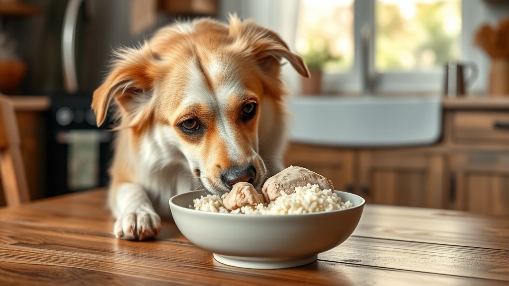 dog bloody diarrhea -
Photorealistic image of a healthy dog eating from a bowl of plain boiled chicke