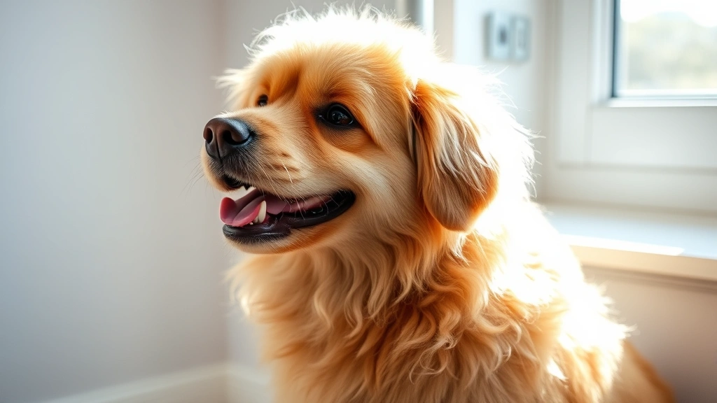 dog blow dryer -
Happy medium-sized dog with perfectly fluffed dry coat after grooming, sitting 