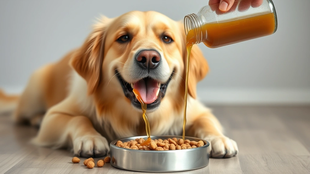 dog bone broth -
A happy senior golden retriever eating from a dog bowl with bone broth being po