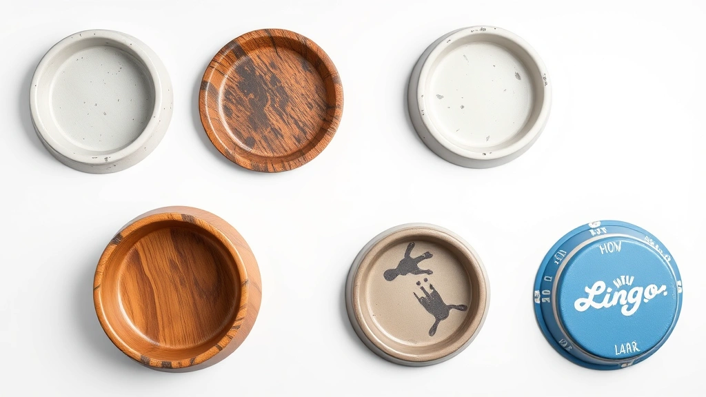 dog bowls dog -
Photorealistic overhead shot of various dog bowl materials and styles displayed