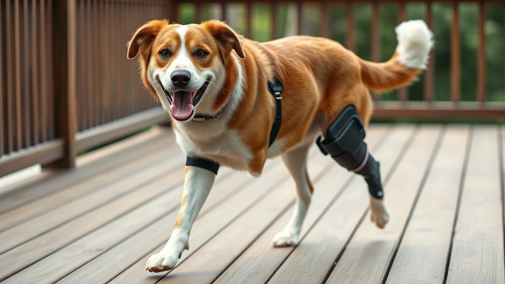 dog braces -
An older brown and white dog wearing a full-leg support brace, walking comforta