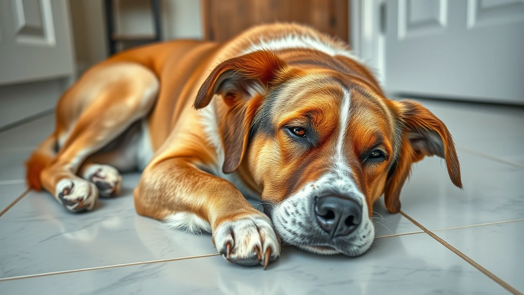 dog breathing heavy -
Photorealistic image of a dog resting on a cool tile floor indoors after exerci