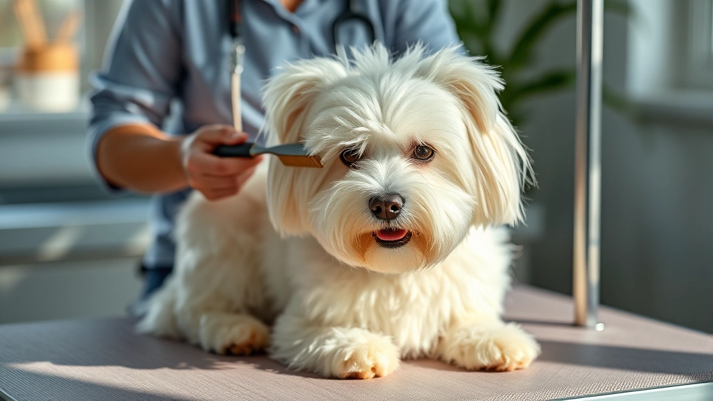 dog breed coton de -
Photorealistic image of a Coton de Tulear being groomed by a professional groom