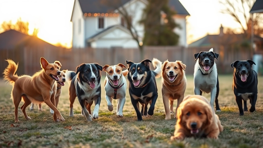 dog breed quiz -
Photorealistic image of various dog breeds playing in a large backyard during g