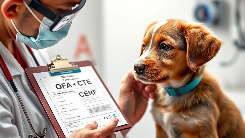 dog breeder id -
Photorealistic image of a veterinarian examining a puppy with health testing eq