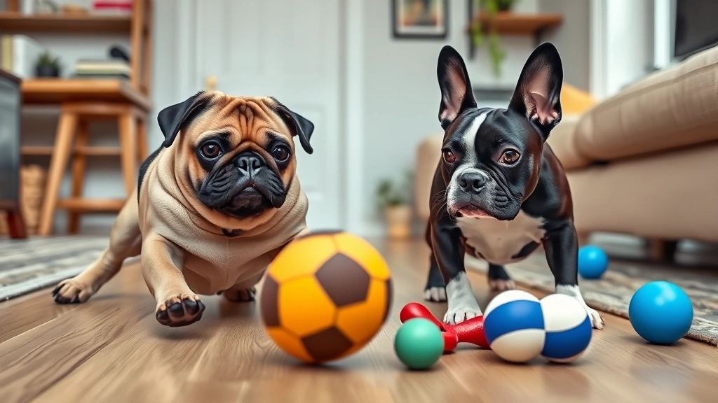 dog breeds for apartments -
photorealistic Pug and Boston Terrier playing with toys on an apartment floor
