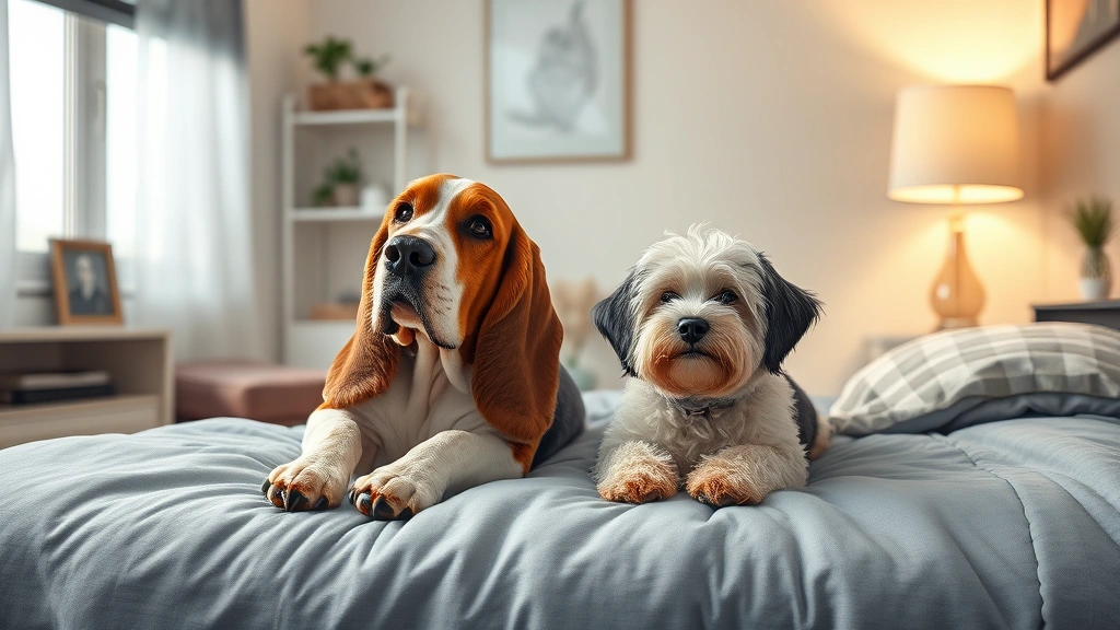 dog breeds for apartments -
photorealistic Basset Hound and Bichon Frise relaxing peacefully in a small apa