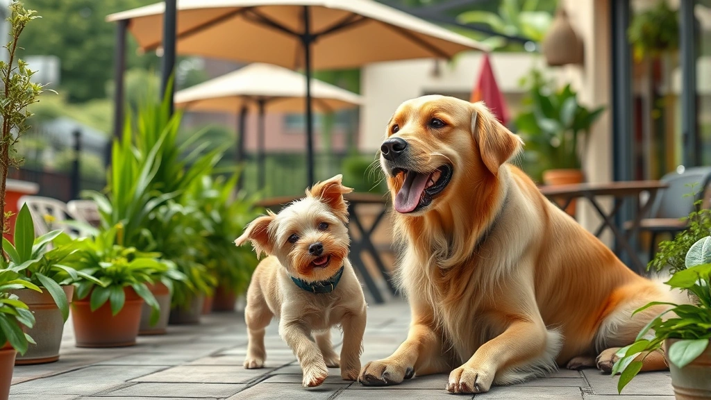 dog cafe near me -
Photorealistic image of a friendly golden retriever and a small terrier mix pla