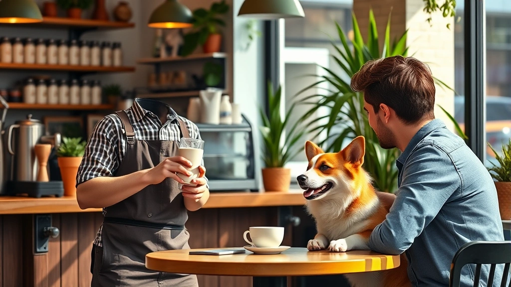 dog cafe near me -
Photorealistic image of a dog cafe barista serving a latte while a happy corgi 