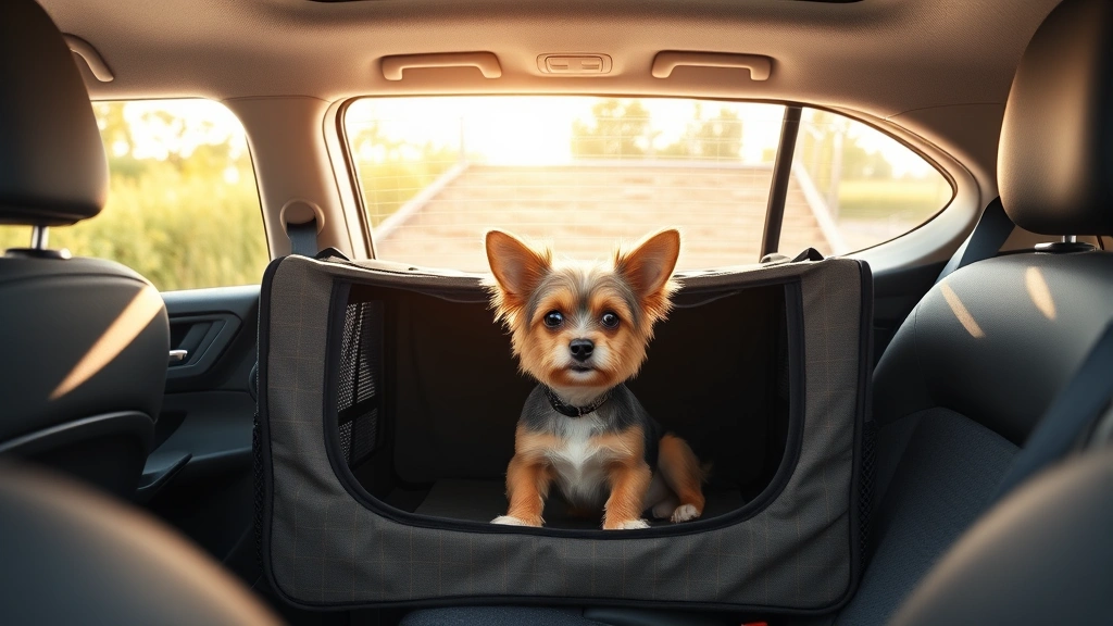 dog cage in car -
Small dog in a soft-sided fabric travel crate positioned on a car backseat with