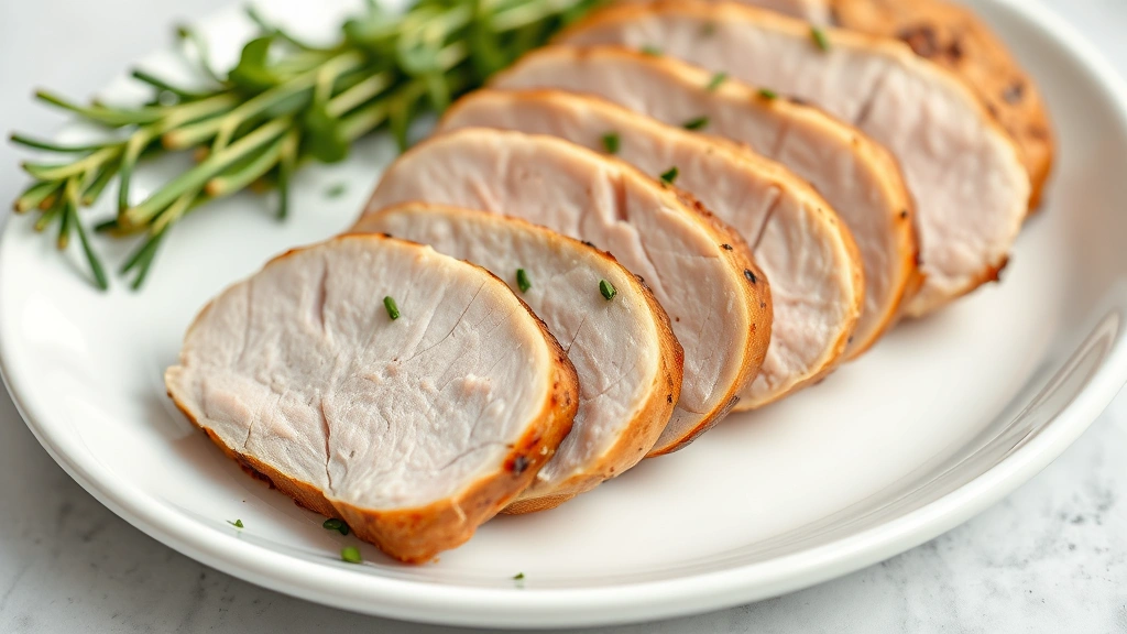 dog can eat pork -
Photorealistic close-up of sliced plain cooked pork loin on a white plate with 
