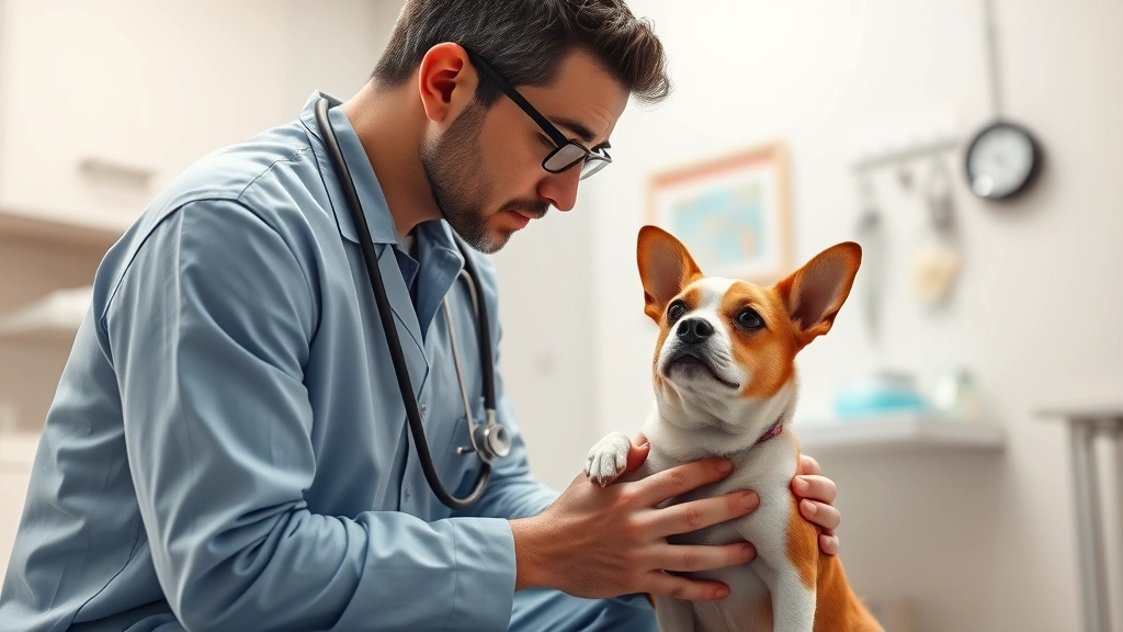 dog can eat pork -
Photorealistic image of a veterinarian examining a small dog’s abdomen du