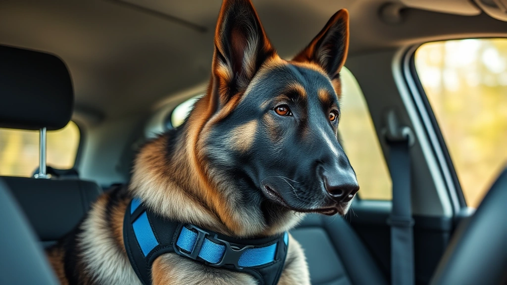 dog car harness -
Photorealistic image of a large German Shepherd in a reinforced blue and black 