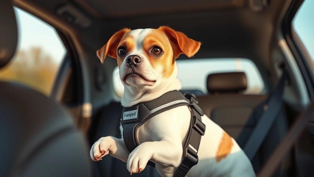 dog car harness -
Photorealistic image of a small white and brown dog breed wearing a comfortable