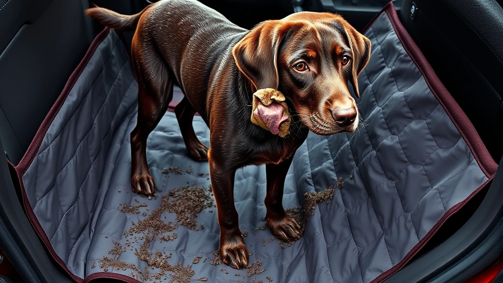 dog car seat covers -
Photorealistic image of a muddy chocolate Labrador standing on a non-slip textu