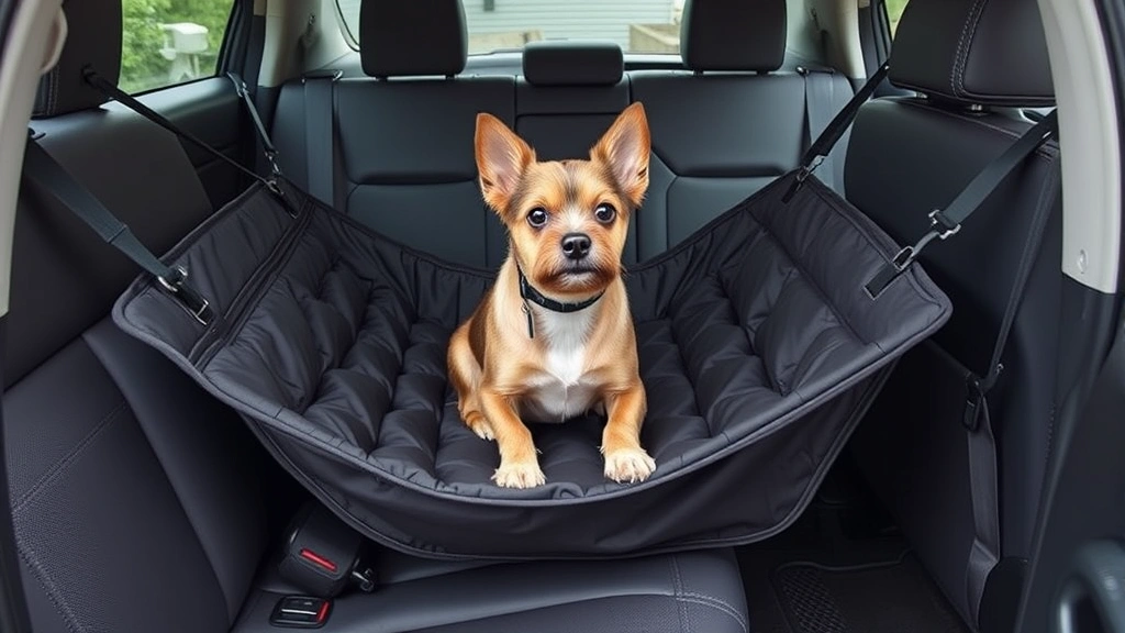 dog car seat covers -
Photorealistic image of a small terrier mix secured safely on a hammock-style d