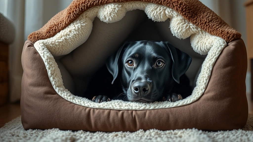 dog cave bed -
Photorealistic photo of a nervous black lab peeking out from inside a plush enc