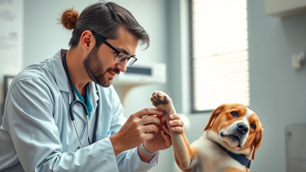 dog chewing paws -
Photorealistic image of a veterinarian examining a dog’s paw pad during a
