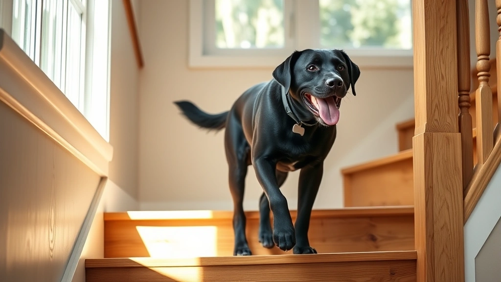 dog chiropractor near me -
Photorealistic image of a happy senior black labrador retriever walking up wood