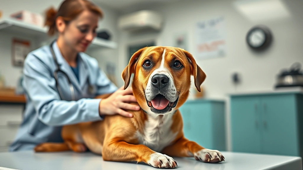 dog chocolate -
Photorealistic veterinary clinic scene with a vet examining a sick dog with cho