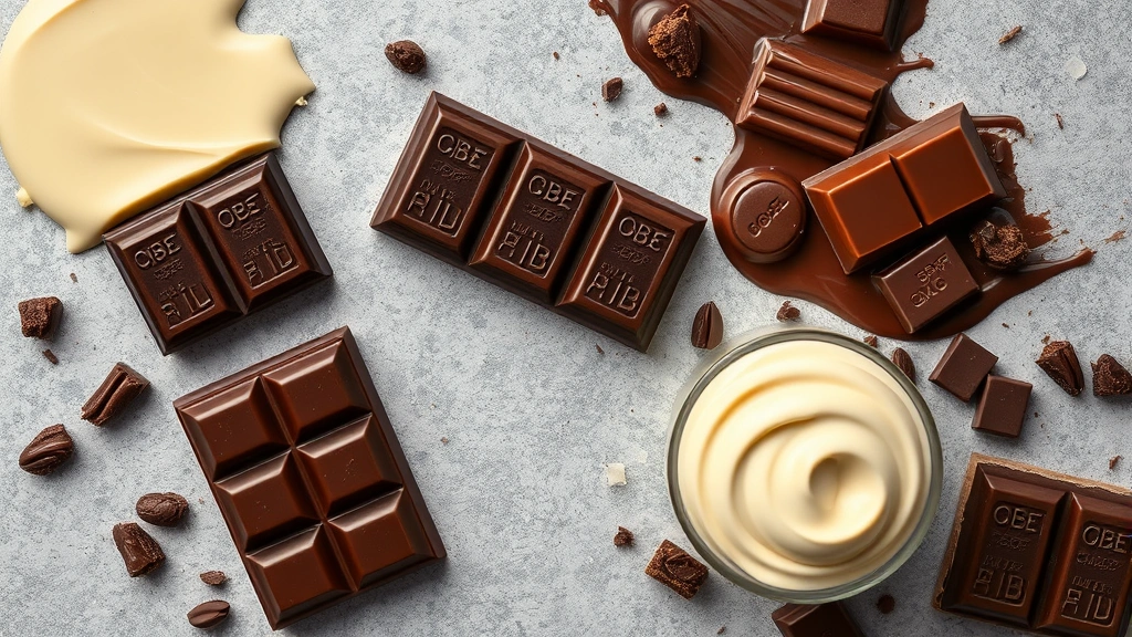 dog chocolate -
Photorealistic overhead shot of various chocolate types arranged on a surface s