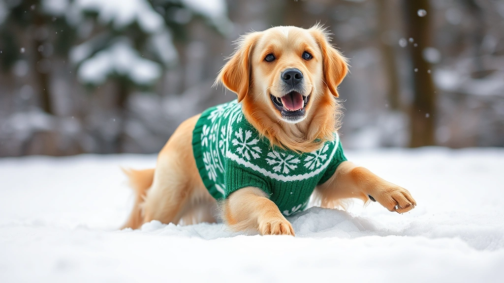 dog christmas sweater -
A Golden Retriever in a festive green and white snowflake-patterned sweater pla