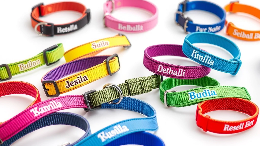 dog collar with name -
Photorealistic image of multiple colorful nylon dog collars with embroidered na