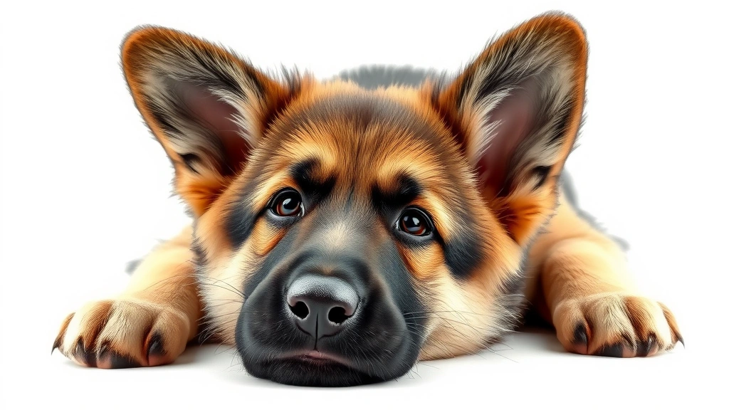 dog coloring page -
Photorealistic style: A playful German Shepherd puppy lying down on a white bac