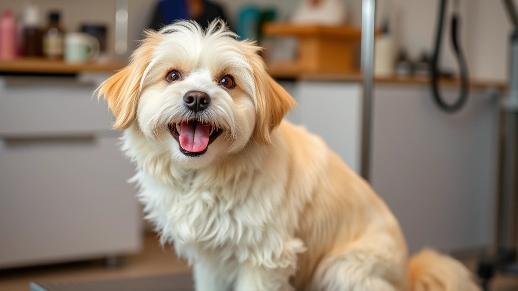 dog conditioner -
Dog sitting after grooming with perfectly conditioned fluffy coat, looking happ