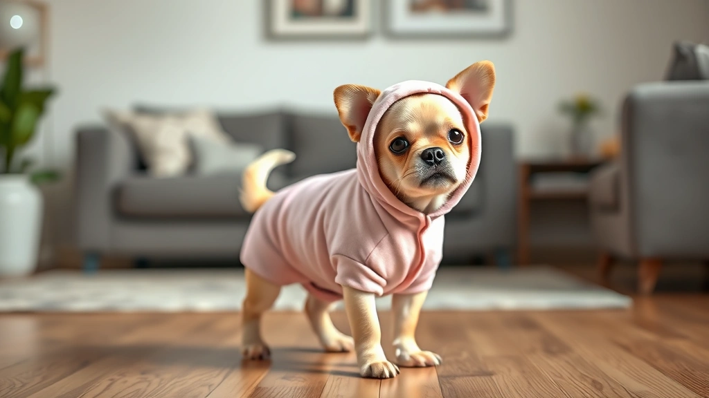 dog cone alternative -
photorealistic small dog in a cute pastel recovery suit or onesie, standing in 